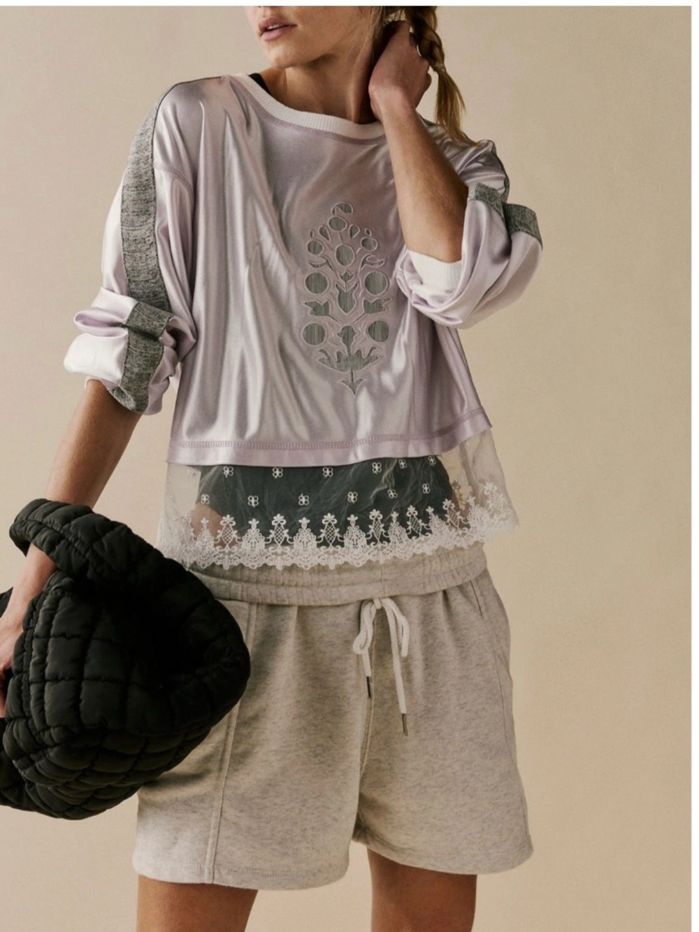 Free People Track Star Shiny Rose Quartz Combo Lace Layer Logo Top NWT Size M